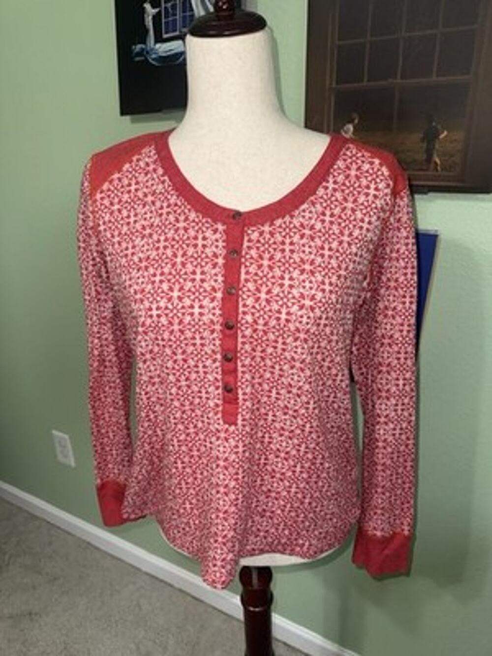KUHL Womens Large Red Floral Pattern Long Sleeve Thermal Henley Top